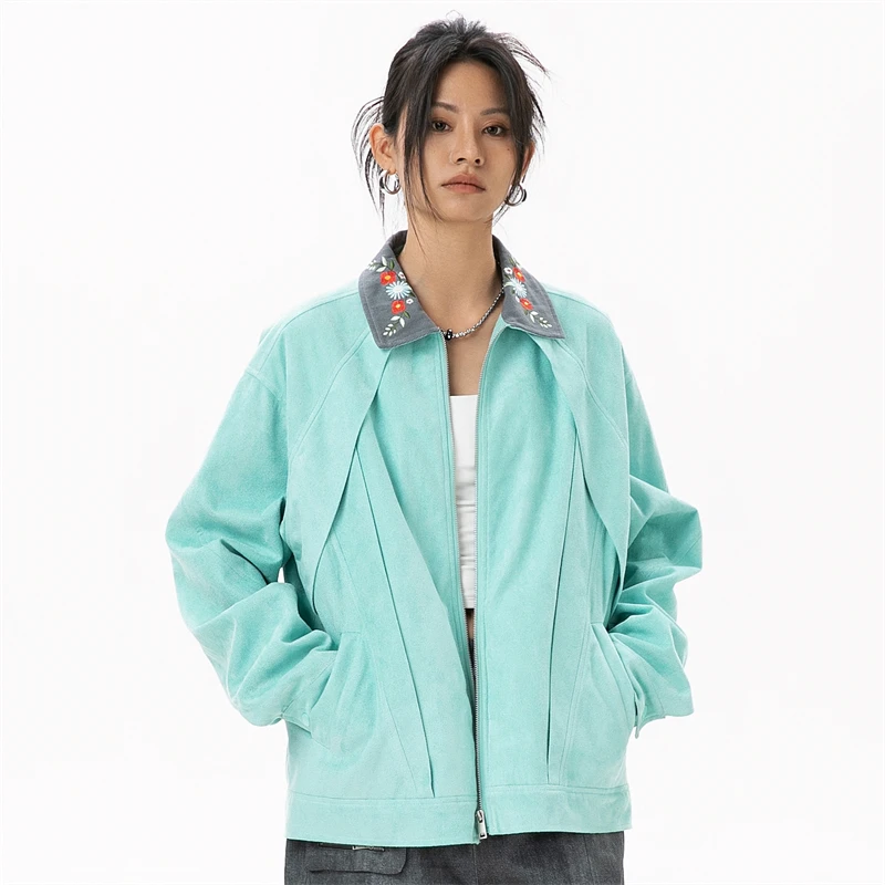 Jackets for Women 2024 Fall New in Outerwears Light Green Fashion Women\'s Bomber Jacket Lapel Embroidery Female Outdoor Clothes