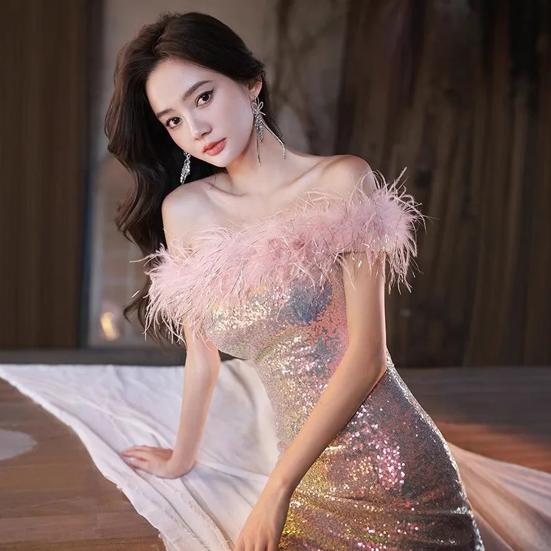 فستان جديد مزين بالترتر بكتف واحد بدون حمالات لا يرتدي لعروض الامتحانات الفنية الصوتية على ذيل السمكة #2