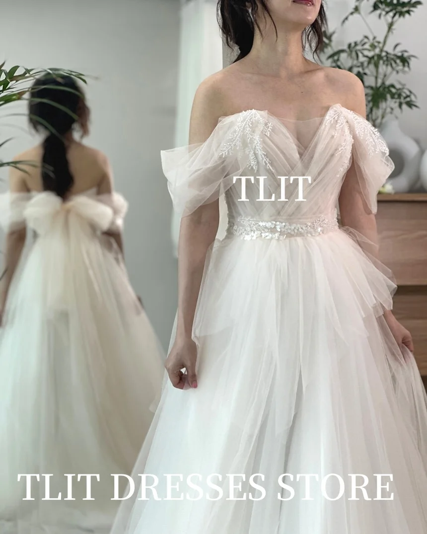 TLIT 우아한 흰색 실크 Tulle 웨딩 드레스 v 넥 댄스 파티 드레스 한국 신부 드레스 사진 촬영 맞춤형 오프 숄더 가운