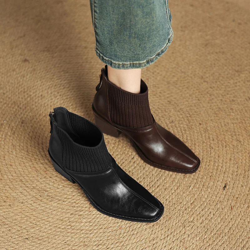 2026 autumn winter women ankle boots natural leather 22-26cm cowhide+kniting fabric+pigskin/plush square toe women short boots