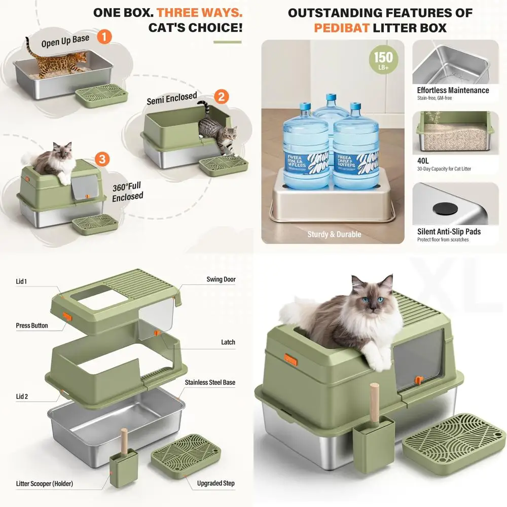 

Extra Large High-Sided Stainless Steel Cat Litter Box with Scoop and Anti-Leak Design (Green)