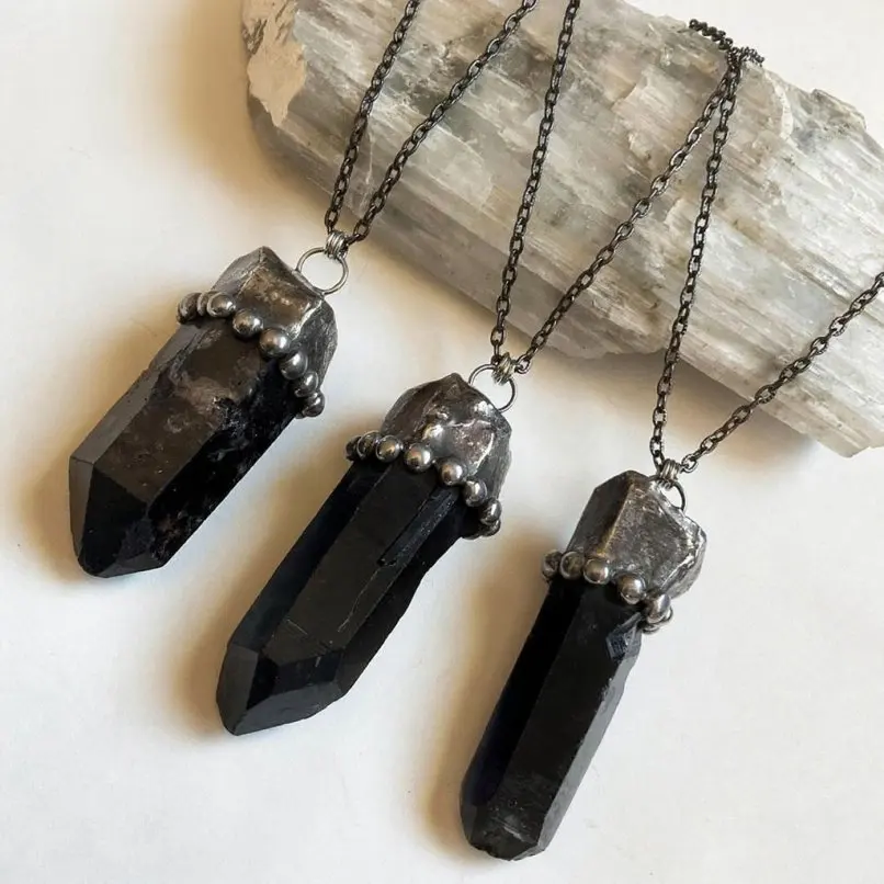 Vintage Smoky Morion Crystal Free Form Necklace Handmade Soldered Antique Silver Plated Jewelry For Women