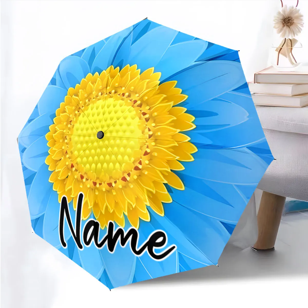 Personalization Custom Name Bright Sunflower Umbrella Design Print 8 Iron Ribs Folding Umbrella, Auto-Open Fashion Sunshade