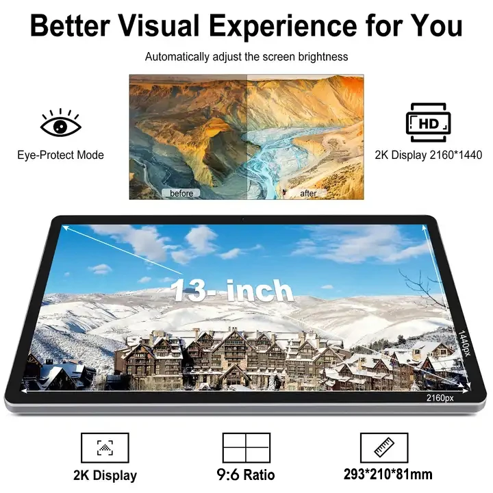 Tableta Android versión Global, dispositivo con pantalla grande de 13 pulgadas, 8GB de RAM, 256GB de ROM, 2160x1440, 2k, batería de 10000 mAh, Octa Core