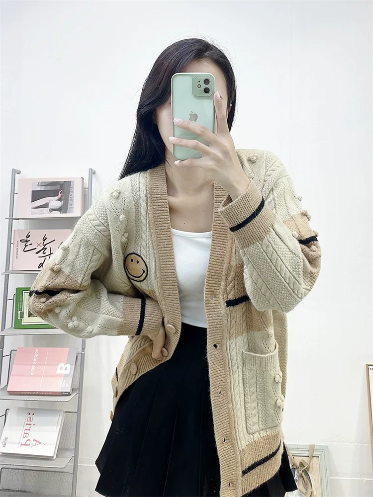 Three-Dimensional Balls Women's Contrast Color Knitted Cardigan Casual Single-Breasted Ladies 2026 Winter Knit Sweater Top