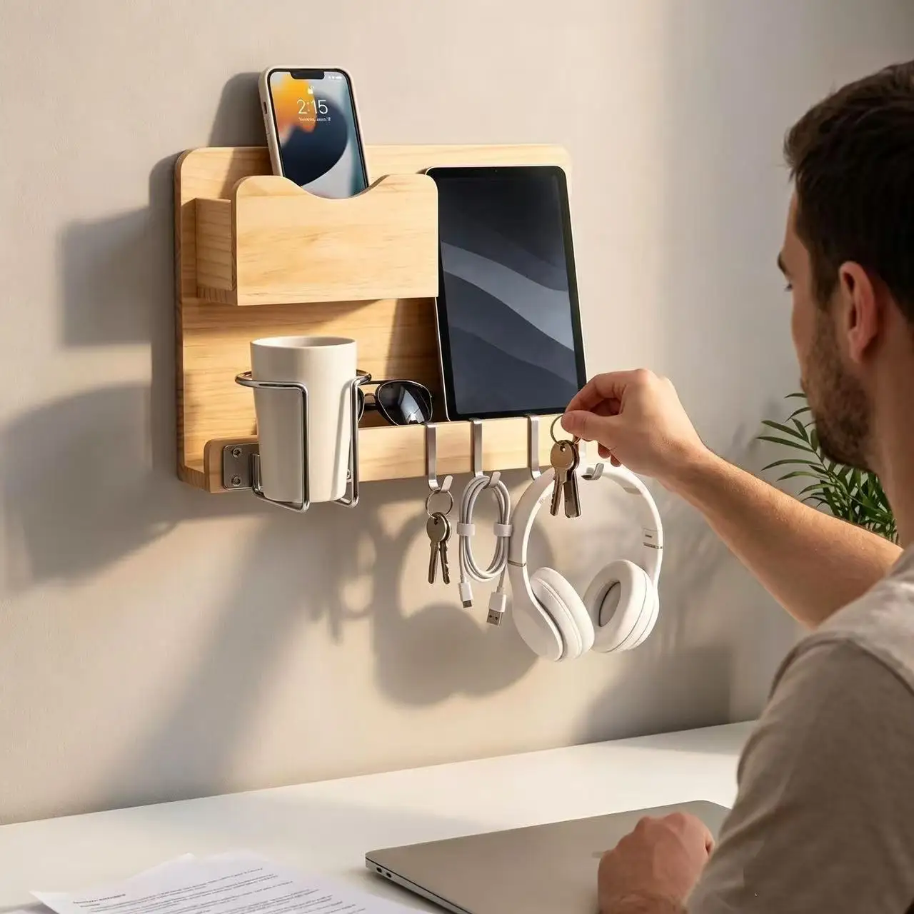 Wood Wall-Mounted Bedside Storage Shelf Remote Control Phone Cup Key Earphone Holders One-Tier Hanging Organizer Bedroom Space