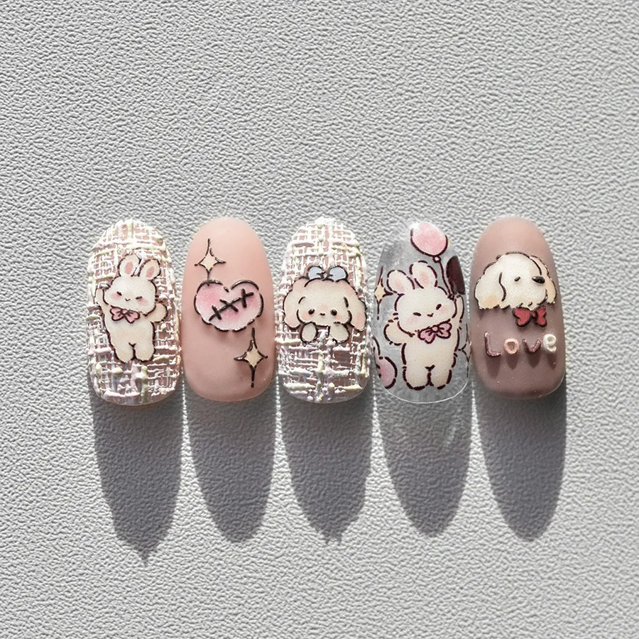 Lovely Cartoon Fluffy Cat Dog Rabbit 5D Embossed Reliefs Self Adhesive Nail Art Stickers Cute Animals Manicure Decals Wholesale