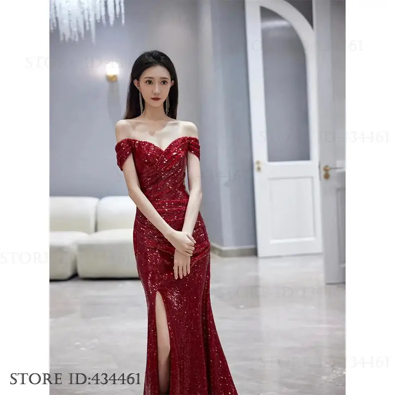 Moda longa vestido feminino sexy fora do ombro slash neck sereia vestido de festa à noite espumante split noiva vestido de casamento