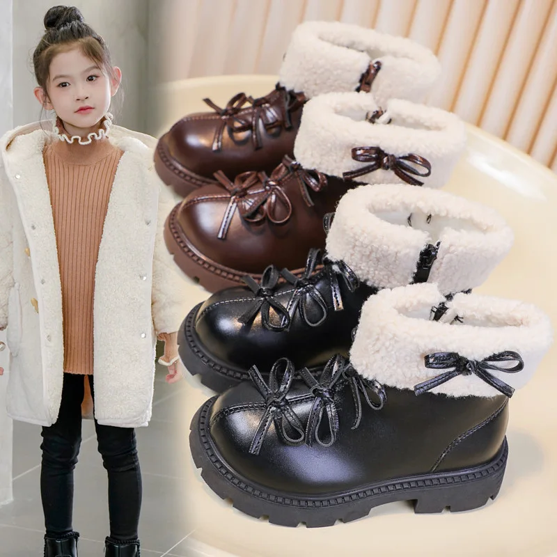 

Girls Ankle Booties Winter Hot Sale Fashion Round Toe Bow Comfortable Zipper Short Boots Kids Casual Plus Velvet Warm Snow Boots