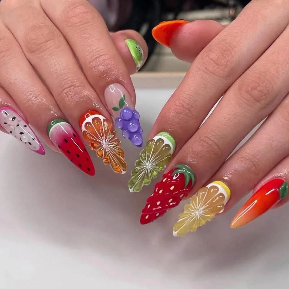 50pcs/Bag 3D Mixed Fruits Nail Art Charms Cute Grape Strawberry Cherry Flatback Resin Nail Decorations Colorful Summer Nail Deco