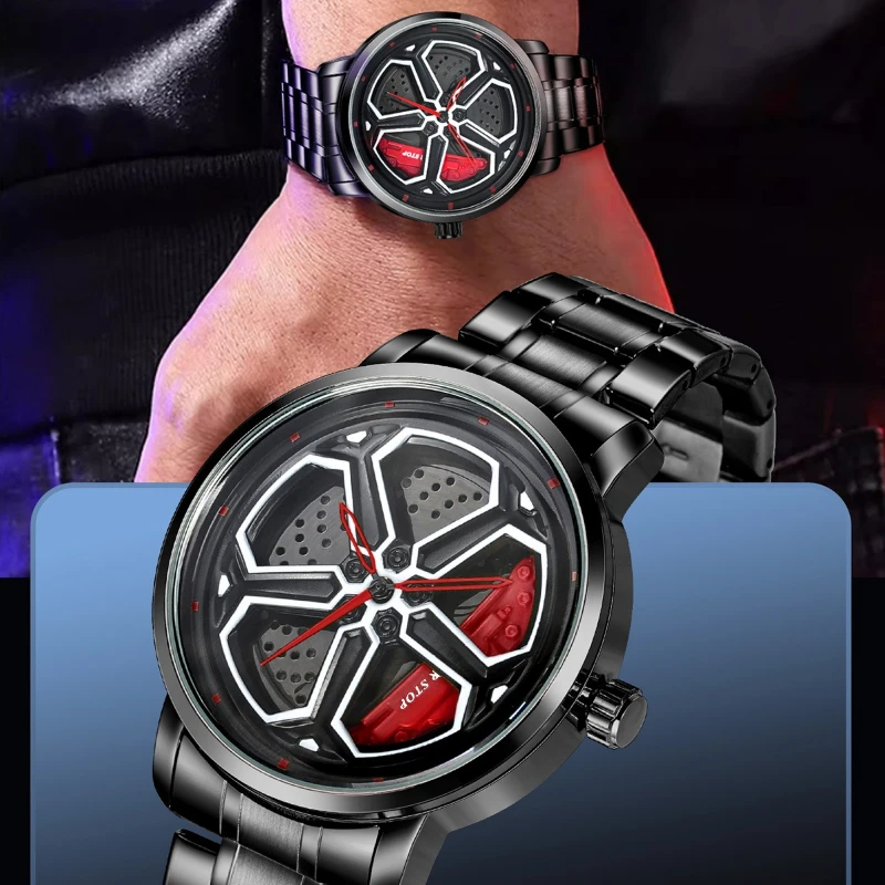 Mens Fashion Racing Watch Creative 3D Spinning Car Wheel Rotating Design Stainless Steel Large Dial Skeleton Waterproof Watch