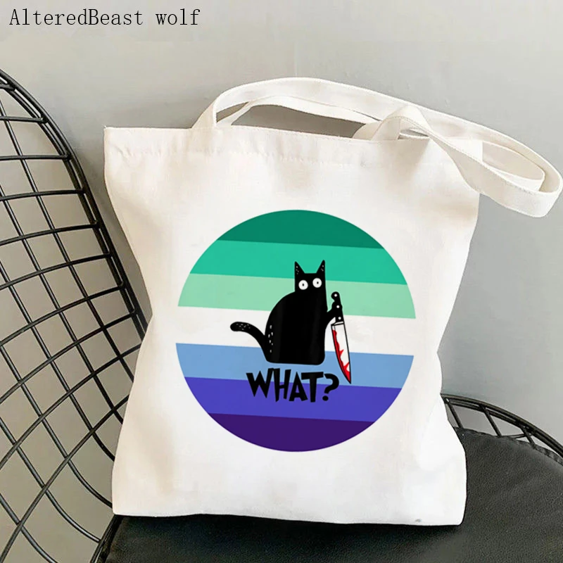 Women Shopper bag Demiboy halloween cat knife Bag Harajuku Shopping Canvas Shopper Bag girl handbag Tote Shoulder Lady Bag