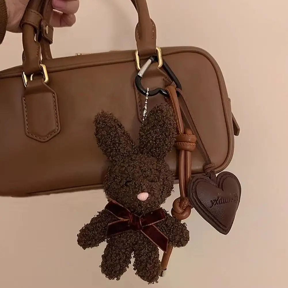 Car Keychain Fluffy Rabbit Keychain Soft Cartoon Rabbit Pendant Cute Kawaii Leather Heart Keyring Female Lady Girl