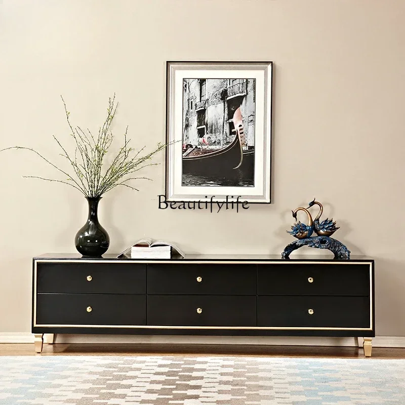 

01Small apartment model room furniture floor cabinet black gold-painted neoclassical bedroom audio-visual cabinet