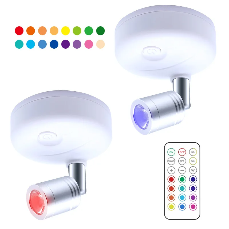 2Pc 13-Color LED Wireless RGB Remote Control Cabinet Spotlight Cross-border Angle Adjustable Atmosphere Press Pat Night Light