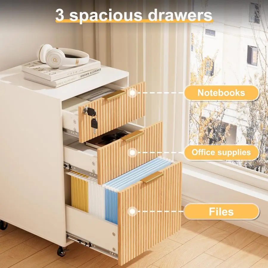 Drawer Mobile File Cabinet with Lock, Rolling File Cabinet, Under Desk Wooden Filing Cabinets for Home Office