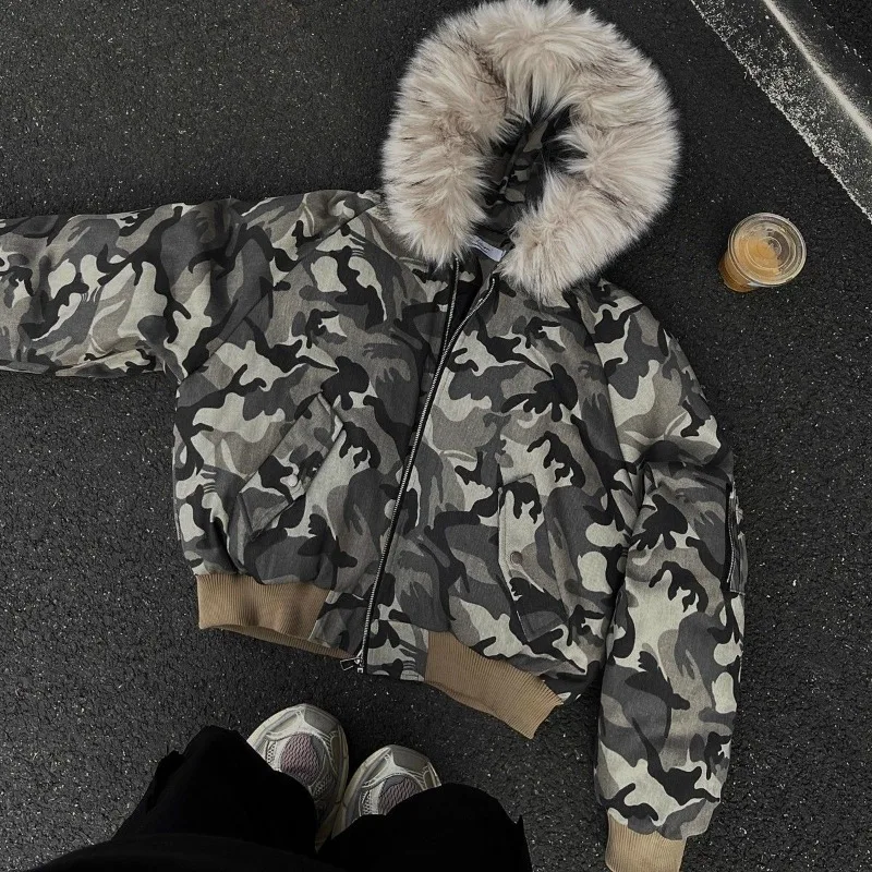 American Vintage Camo Print Coat Women Y2k 2000s Retro Loose Faux Fut Jacket Winter Grunge Street Fashion Warm Outerwear New