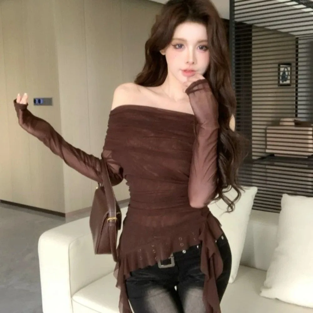 Streetwear Jellyfish Mesh Belt T-Shirt Elf Long Sleeve Off Shoulder Collar Slim Fit Crop Tops Transparent Irregular