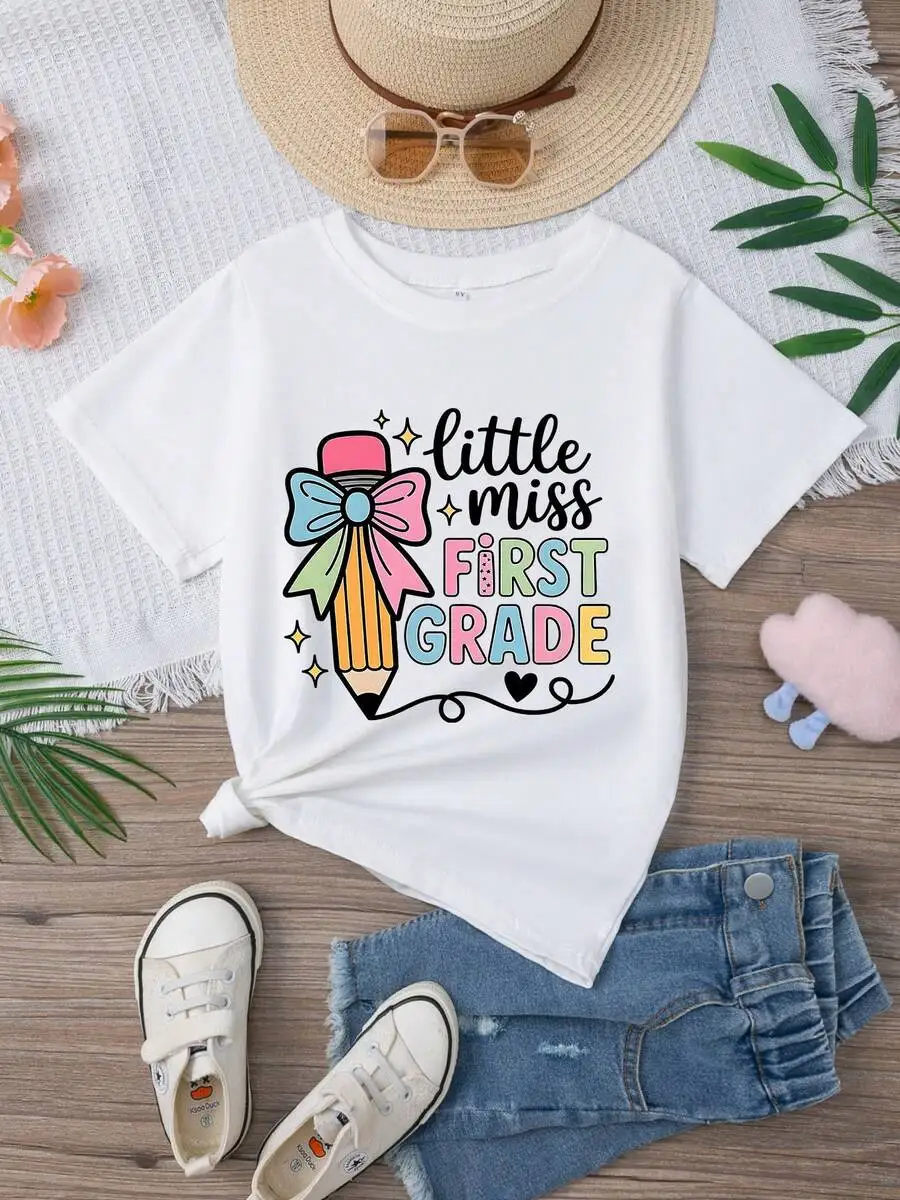 Little Miss First Grade Kids T-Shirt, 100% Cotton Crew Neck Short Sleeve, Cute 1st Grade First Day Casual Tee For Girls Back To