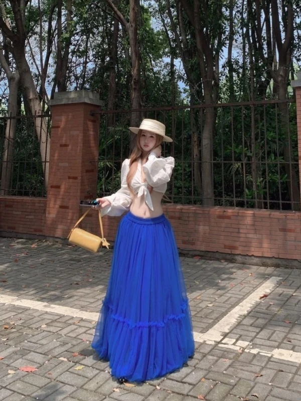 

Summer Vacation Style Blue Mesh Puffy Skirt Set Women's Summer Shirt Short Skirt Ensemble High Waist Long Sleeve V-Neck Top