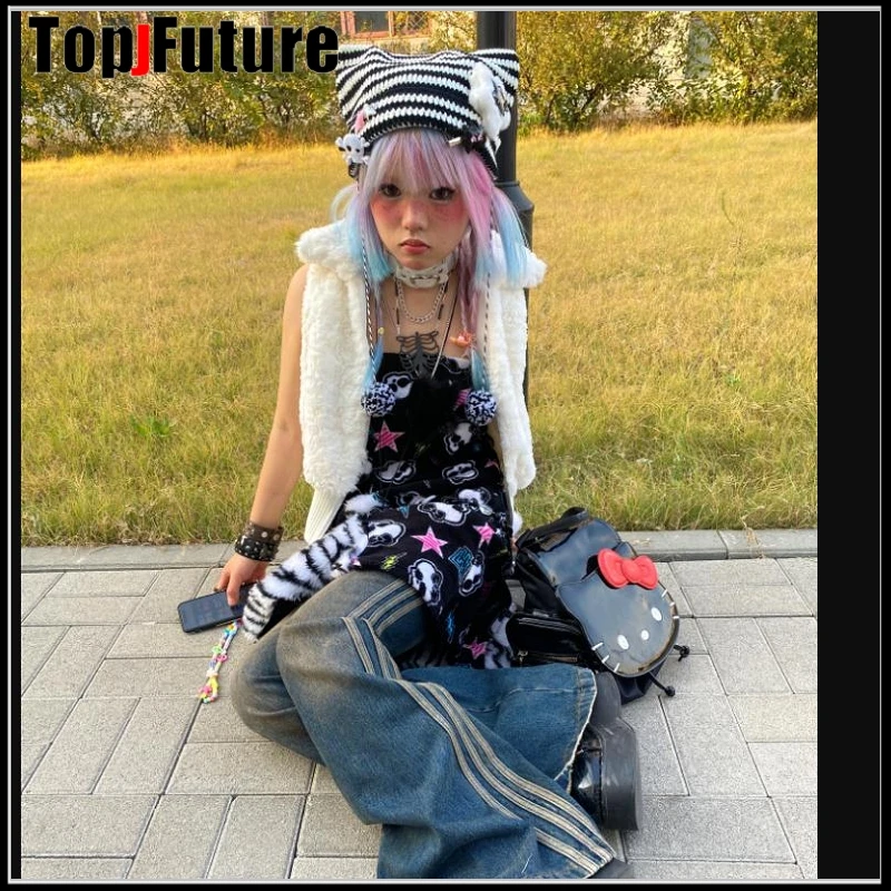 Harajuku Gothic Lolita japońska czapka typu Beanie mały diabeł dzianina w paski czapka jesienno-zimowa urocze kocie uszy Y2K dziewczyna czapki