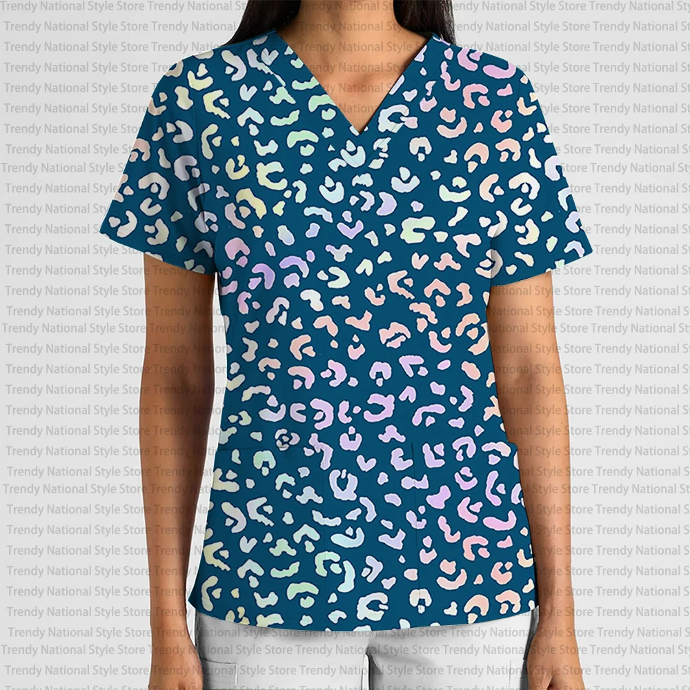 

Новая женская рабочая униформа, летняя униформа с цветочным принтом и леопардовым принтом, женский карманный скраб, стоматологический зоомагазин, униформа медсестры