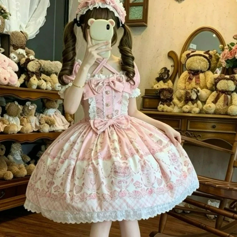 IMU Japanese Cute Lolta Style Short Sleeve Princess Dress Women Harajuku Y2k Flower Print Bow Dresses Female Kawaii Party Cake D