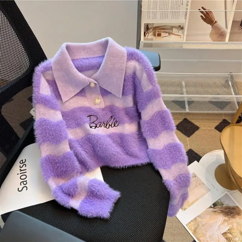 2024 Women\'s New Polo Shirt Knitted Sweater Knitted Sweater Jacket Barbie Cartoon Autumn and Winter Short Lapel Top Gift