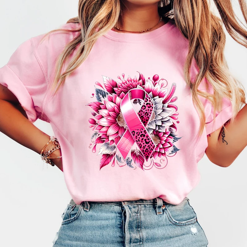 

Funny Breast Cancer Awareness Flowers Print T-Shirt Summer Casual Graphic T Shirt Women Men Short Sleeve Round Neck Shirts