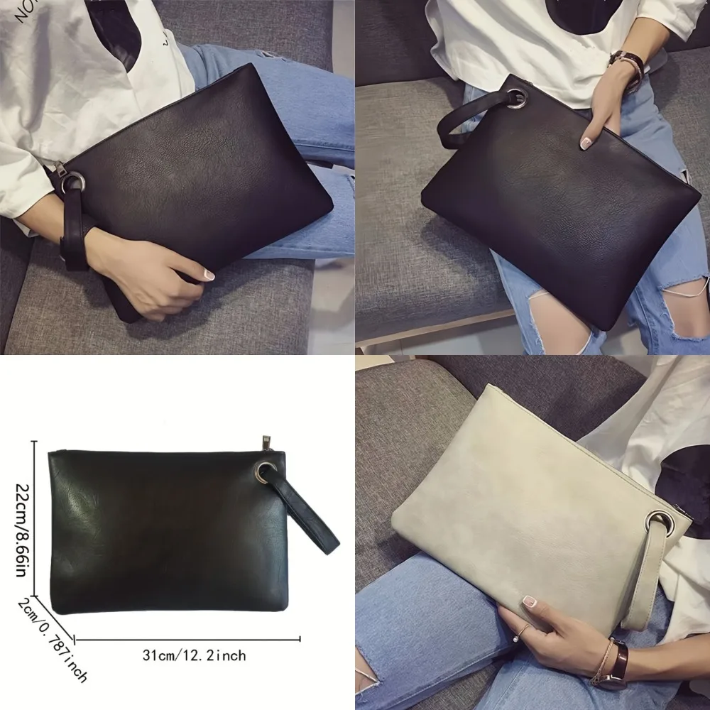 Chic  Clutch/Briefcase in Solid Color - Durable PU Leather, Secure Zipper, With Wristlet & Polyester Lining