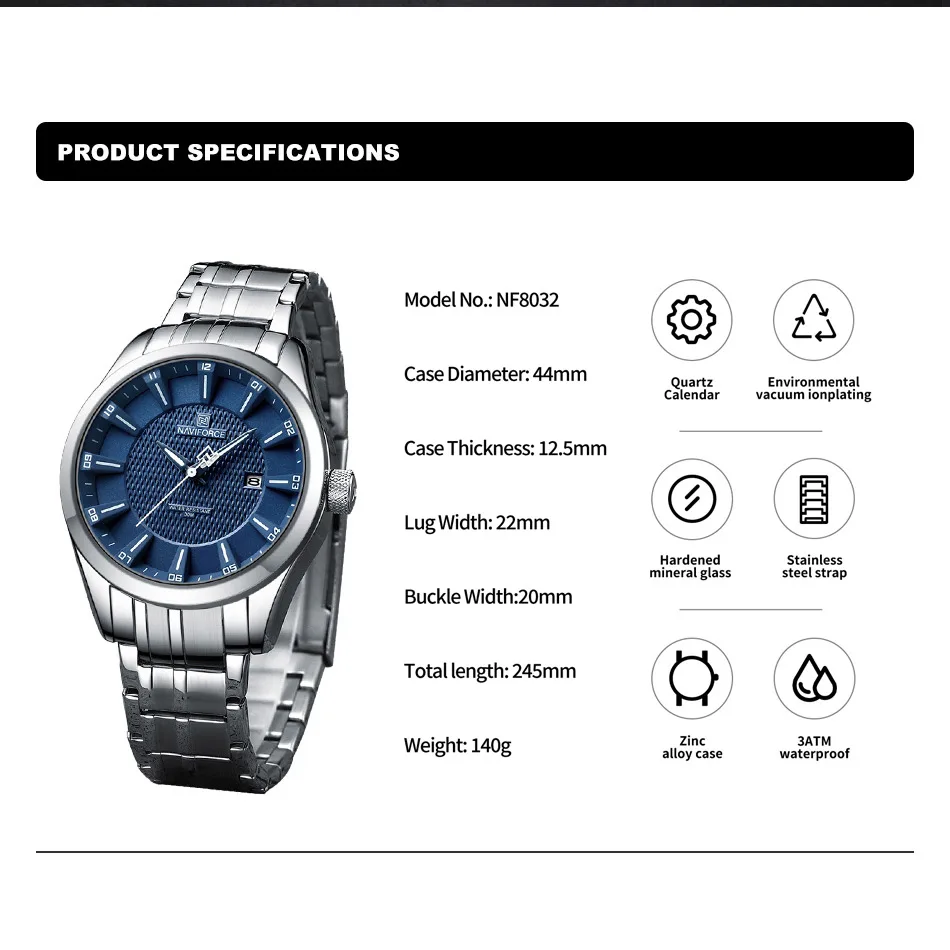 NAVIFORCE Luxury Quartz Watches Male Fashion Waterproof Clock Stainless Steel Band Casual Wristwatch for Men Relogio Masculino