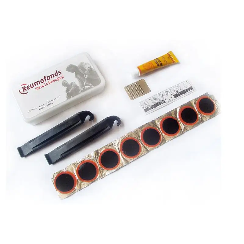 Kit de réparation de pneus de vélo avec patchs en caoutchouc, leviers de démontage, colle et étui po