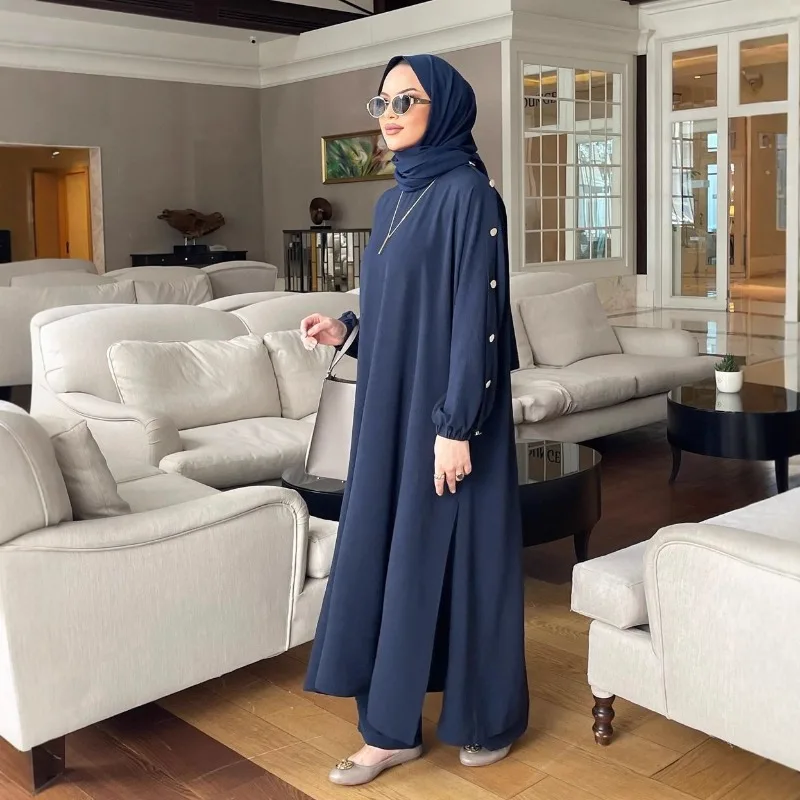 

New Muslim Womens Long Robe Loose Casual Round Neck Gold Button Bubble Sleeve Pocket Set
