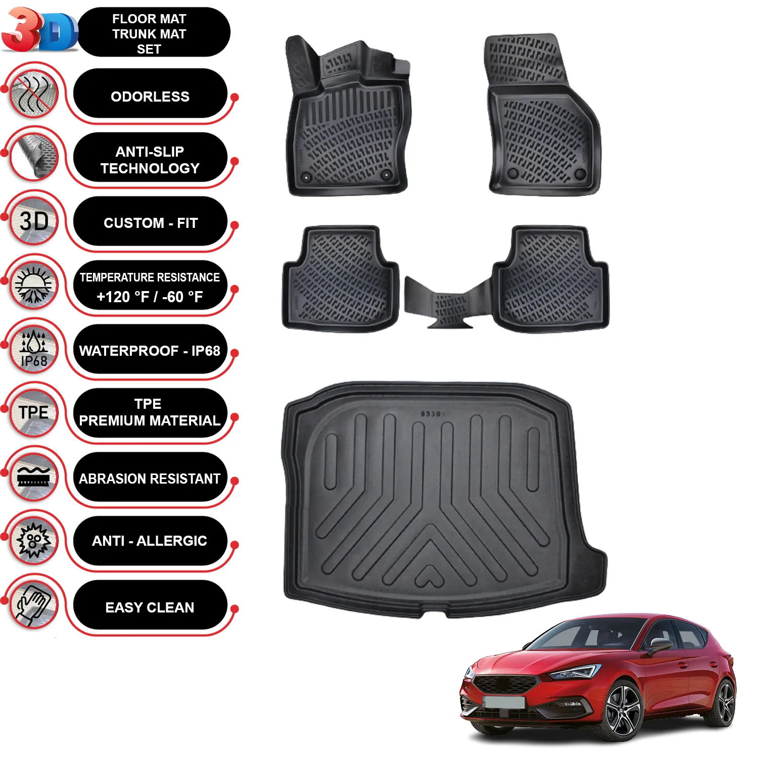 

Seat Leon Manuel - (2020-2022) - Floor Mats + Cargo Trunk Liner - SET - (Black)