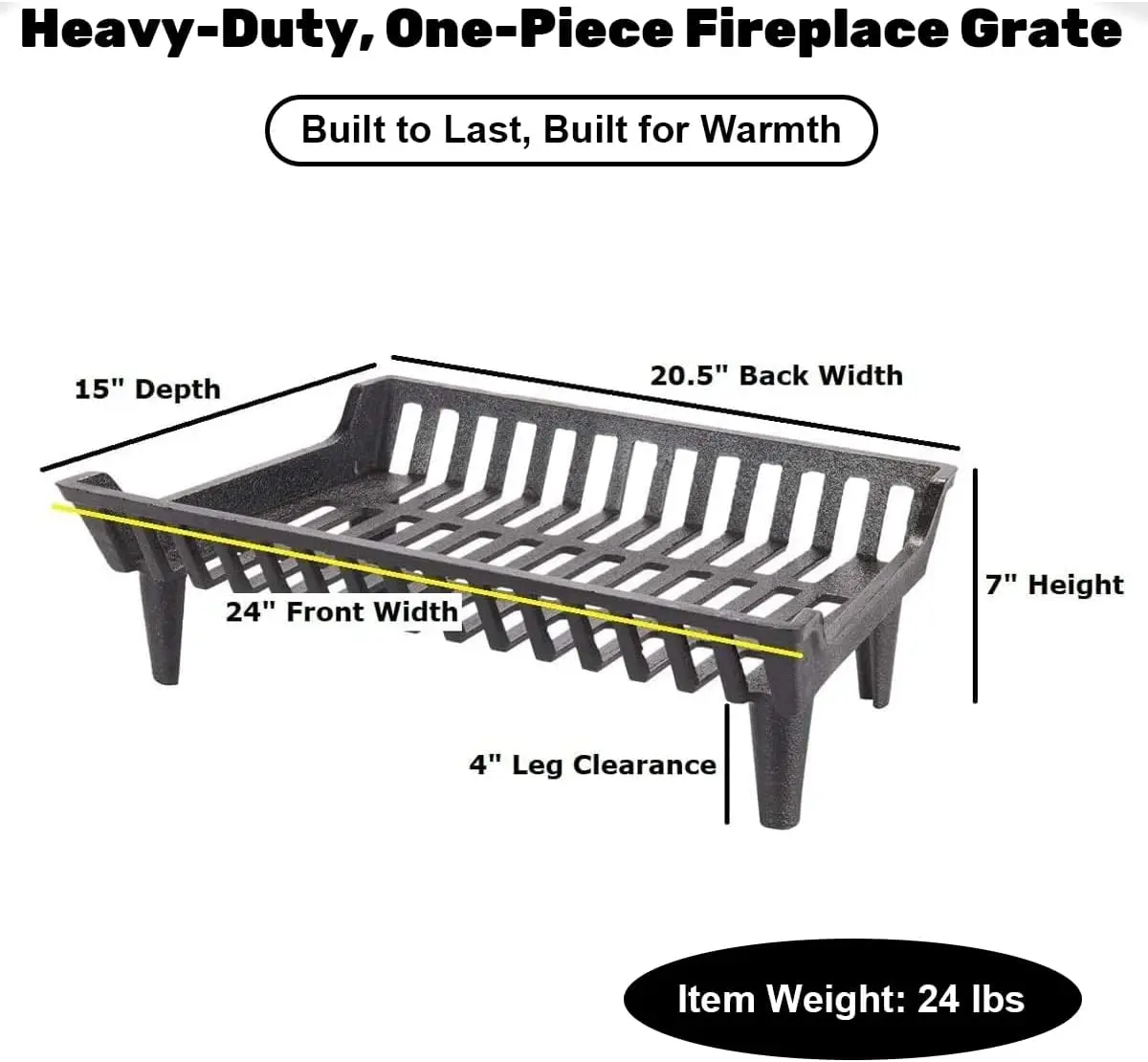 24 inch Fireplace Grate Heavy Duty, Cast Iron Fire Grate - 24