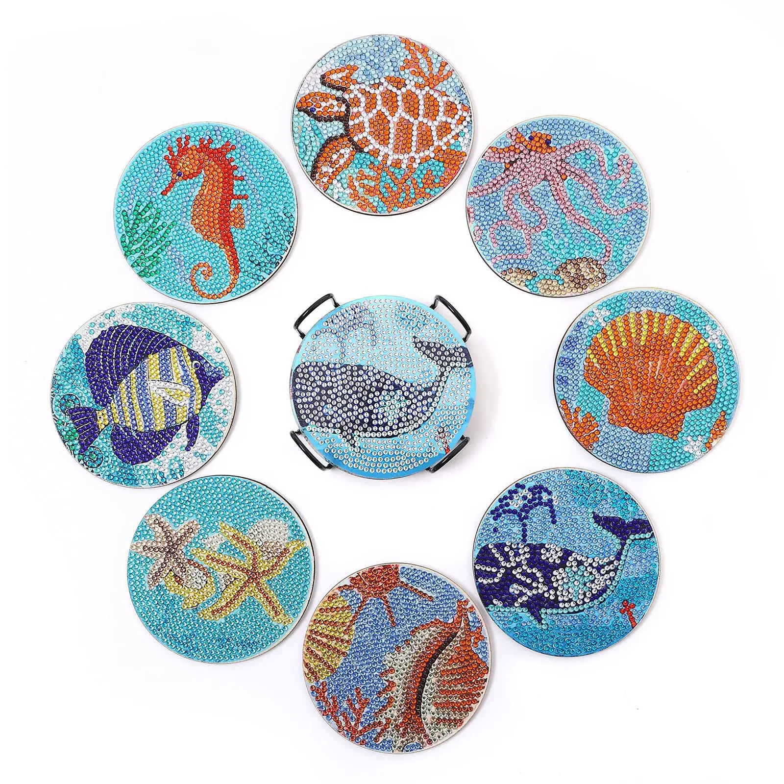 

Hot Selling 8 Pieces Painted Animals Handmade DIY Square Wooden Spot Drill Thermal Insulation Anti Slip Coaster With Bracket