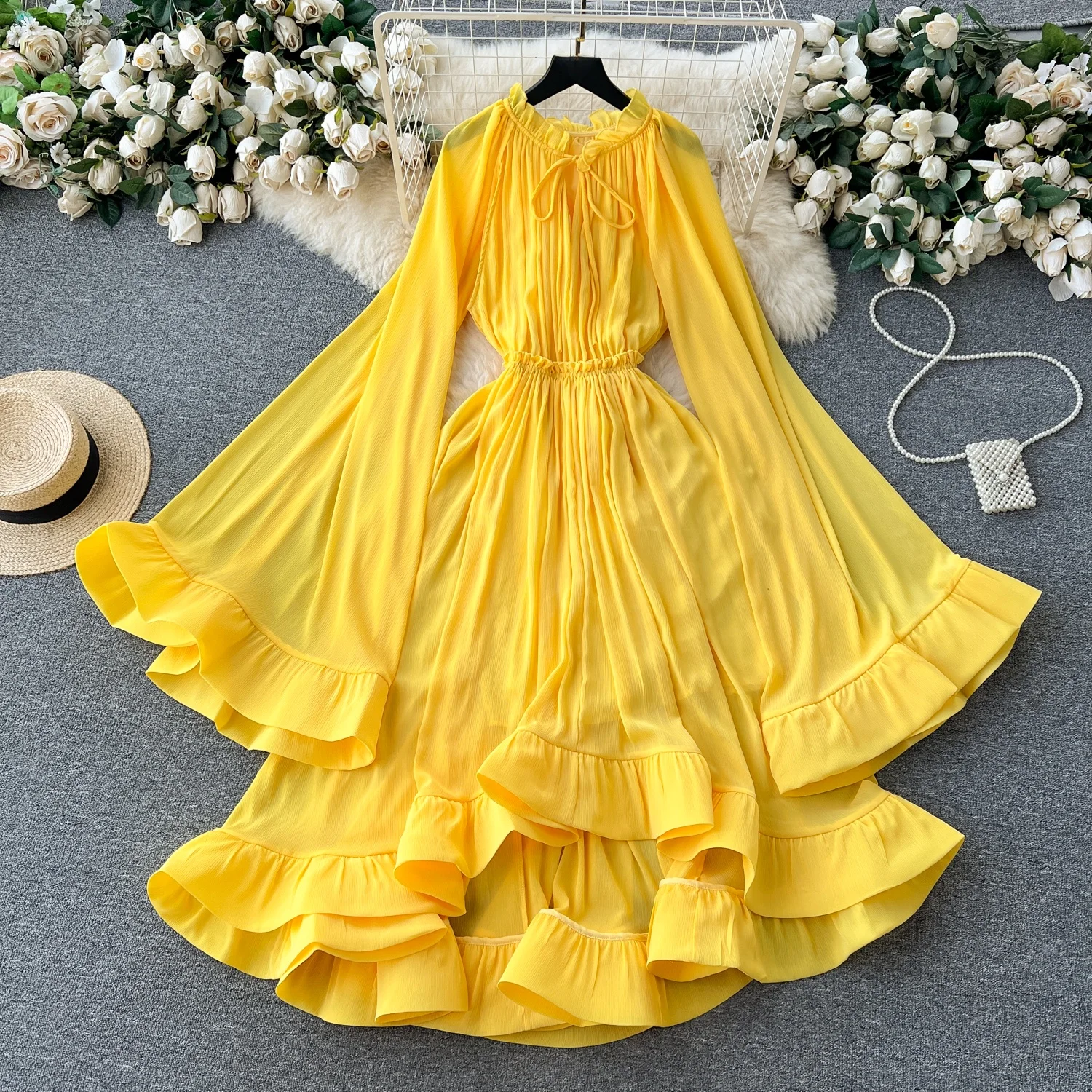 Ele Vintage High Waist Slimming Dr with Belted Flared Sves And Ruffle Hemline for Young Women in Spring Summer