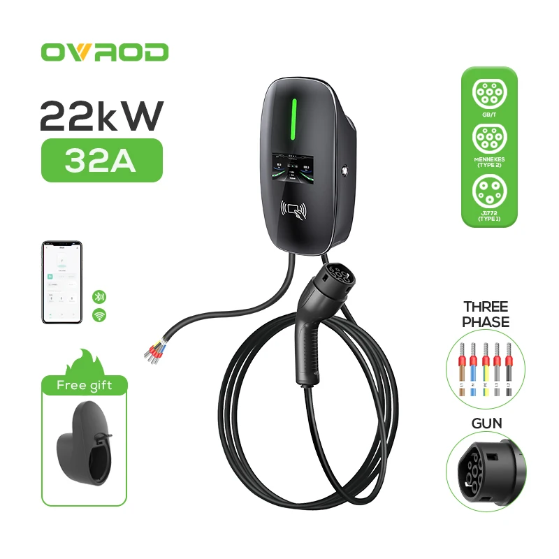 Ovrod Oem Odm 7kw 11kw 22kw Electric Car Ev Charger Type 2 Ac Wallbox Home Ev Charging Station With 4.3 Inch Lcd Display