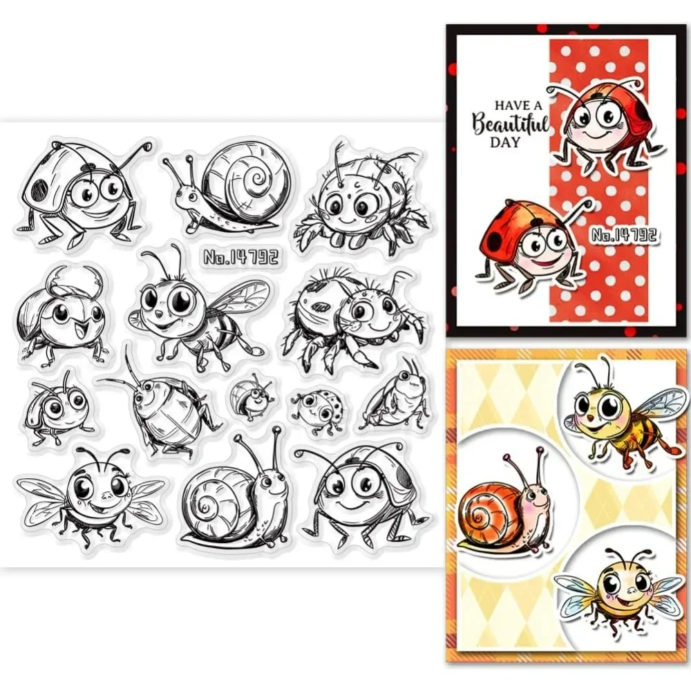 Funny Insects Clear Stamps 5.91x5.91 inch Ladybugs Bees Spiders Snails Silicone Clear Stamp Seals Cartoon Insects Transparent