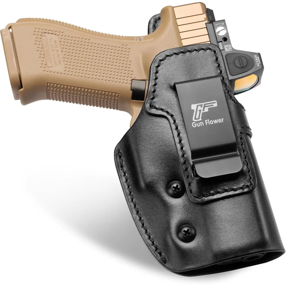 Skórzana kabura IWB pasująca do: Glock 19 19X 23 32 44 45 (Gen 1 2 3 4 5)/ MOS&Compact & Ruger RXM, noszenie wewnątrz pasa, pas o szerokości 1,5-1,75 cala — 2