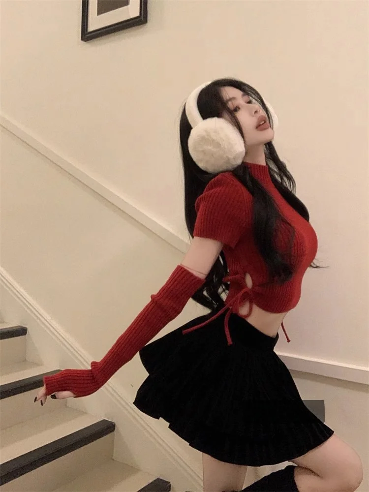 

Red Long Sve Knitted Top Women's Faion Winter New Design Spicy Girl Dstring Sve Cover ort Sweater Casual Sle