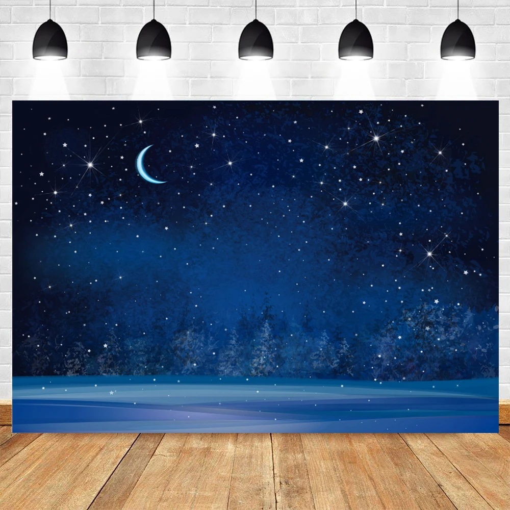 Dark Blue Sky Moon Glitter Star Photography Backdrop Christmas Winter Pine Tree Forest Snow Night Natural Scene Photo Background