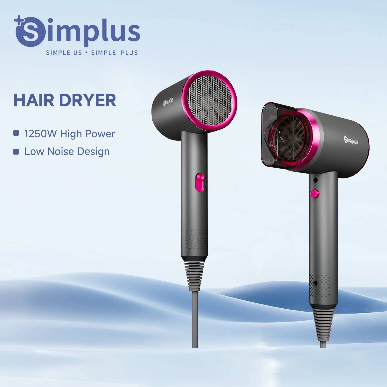 Simplus Electric Hair Dryer 1250W High Speed Negative Ions, Professional Care Hair, Low noise, Overheat protection, 220-240V