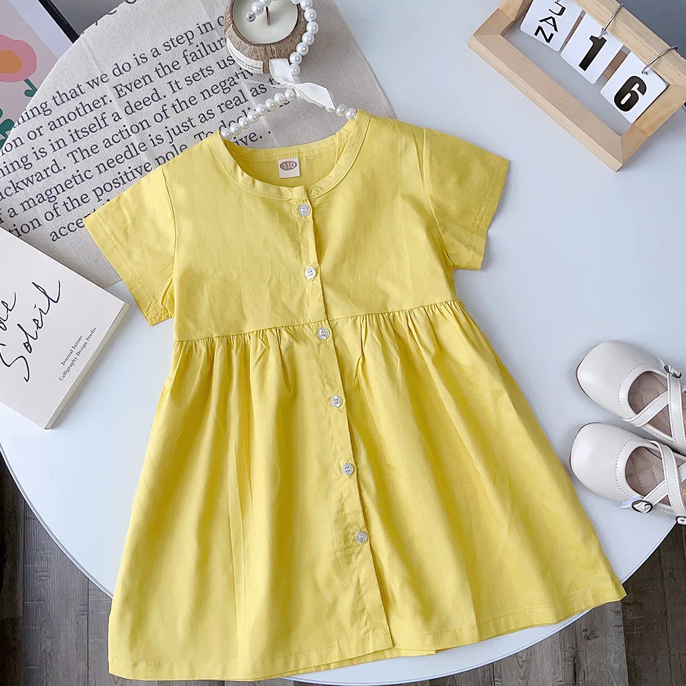 

2023 Summer Arrival Girls Short Sleeve O Neck Single Breasted Yellow Dress Roupa Infantil Menina Cute Dress Custume 18M-7T