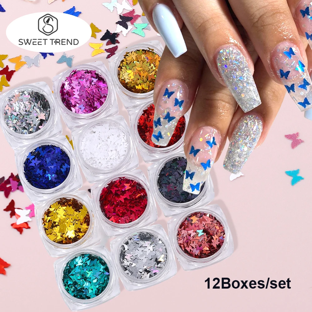 SWEET TREND-12 Farben Schmetterlings-Nagelkunst-Pailletten Holografische Schmetterlingsflocken Grobe Pailletten Maniküre-Dekorationen Nagelzubehör