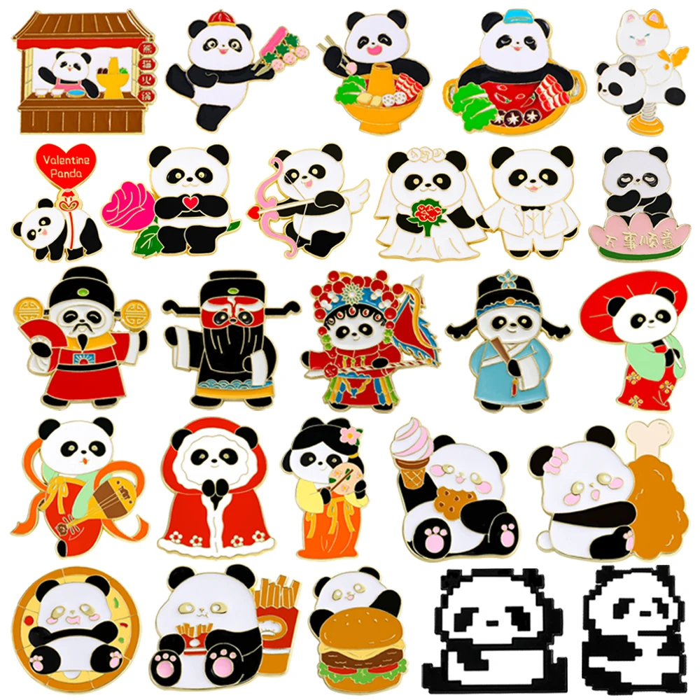 

Cartoon Pixel Panda Enamel Pin Creative Drama Bride Groom Ice -ream Gourmet Burger Animals Metal Badges Jewelry Gifts For Kids