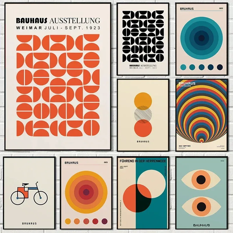 Póster Geométrico Abstracto Naranja Estilo Bauhaus, Arte Pop, Impresiones de Arte Mural con Amanecer y Bicicleta para Decoración Moderna de Sala de Estar, Dormitorio y Hogar