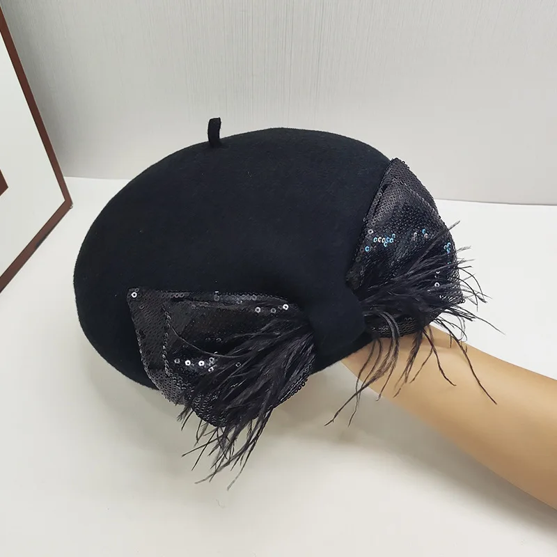 

Beret Women Winter Wool Felt Hat Black Bow Warm Accessory For Autumn Outdoors Party Cold Weather