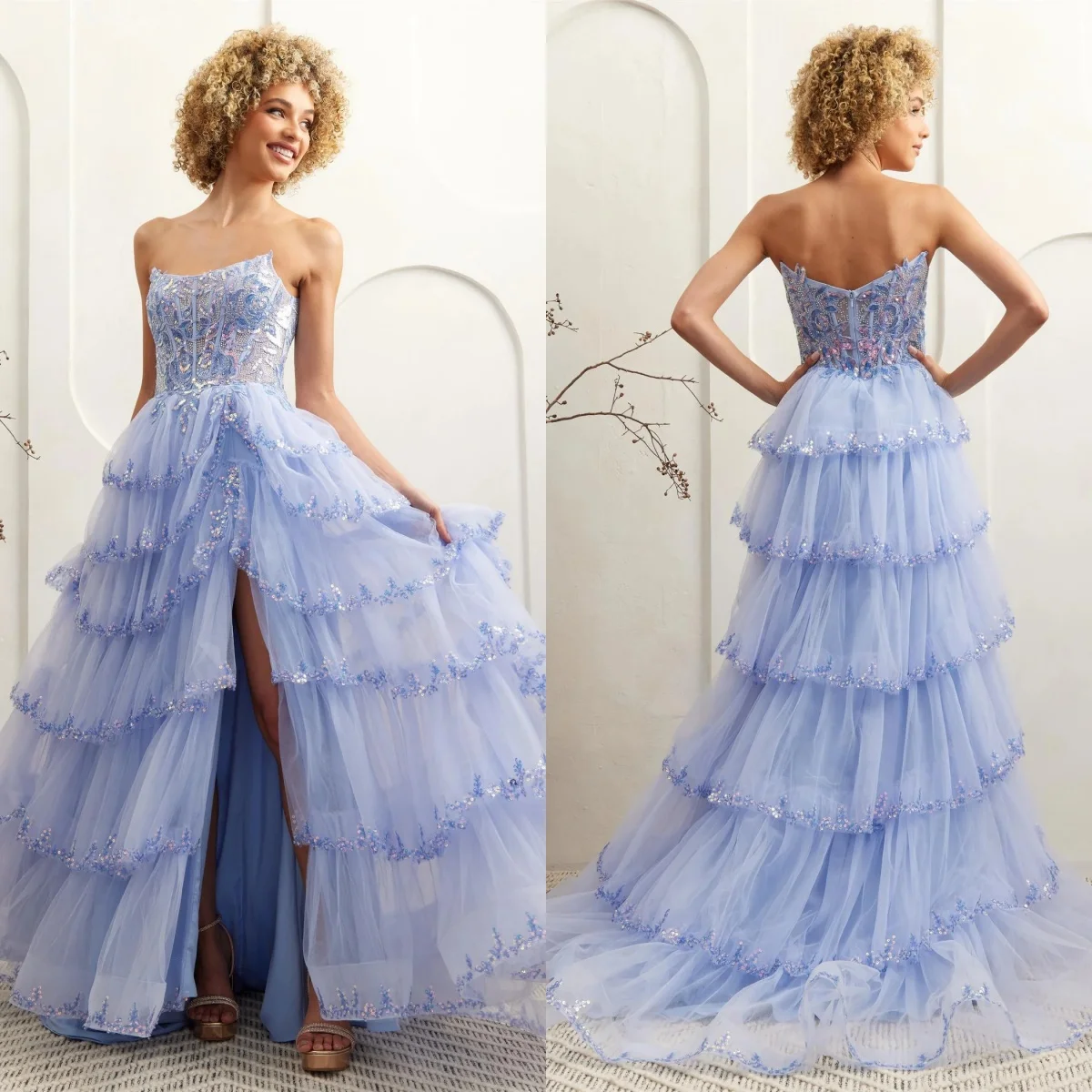 

Пыльно-синее вечернее платье для женщин, многоуровневые платья для выпускного вечера с блестками, без бретелек, с разрезом спереди, без рукавов, гала-халаты по индивидуальному заказу