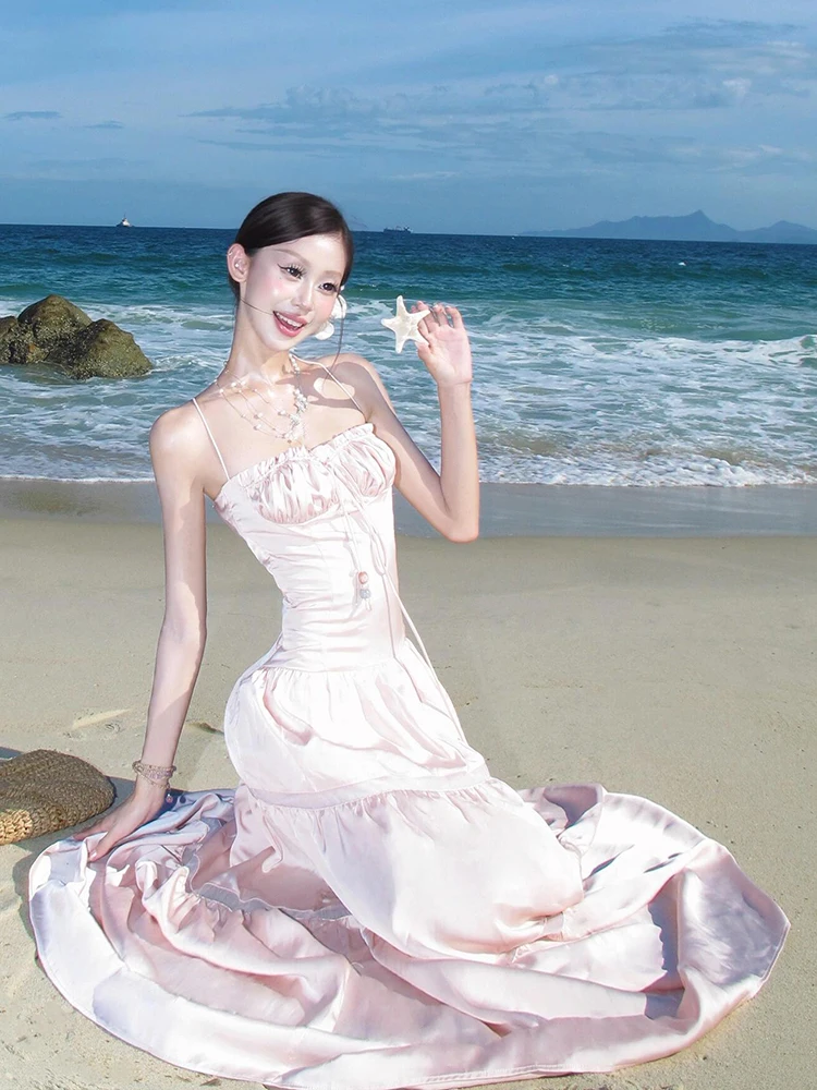 شاطئ Vaion الوردي الساتان تجمع حزام الخصر السفر الدكتور المرأة الصيف عطلة الشاطئ مطابقة قطعة واحدة الدكتور